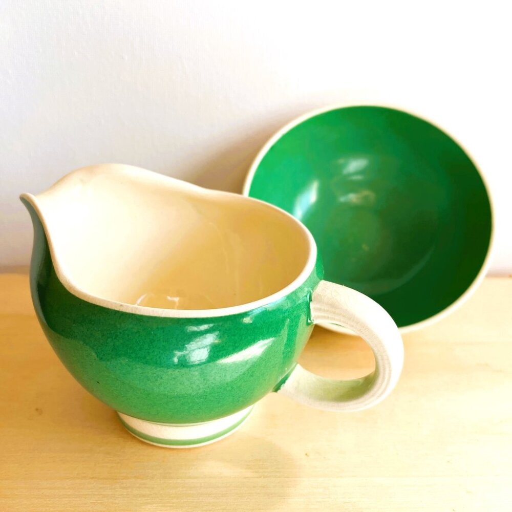 Susie Cooper Aerographed Green & Ivory Vintage Cream and Sugar Set